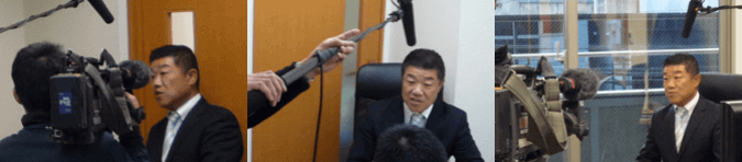 取材を受ける、代表の貝阿彌